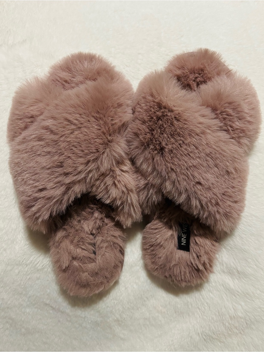 Nine West Plush Cross-Band Faux-Fur Slippers - Dusty Rose